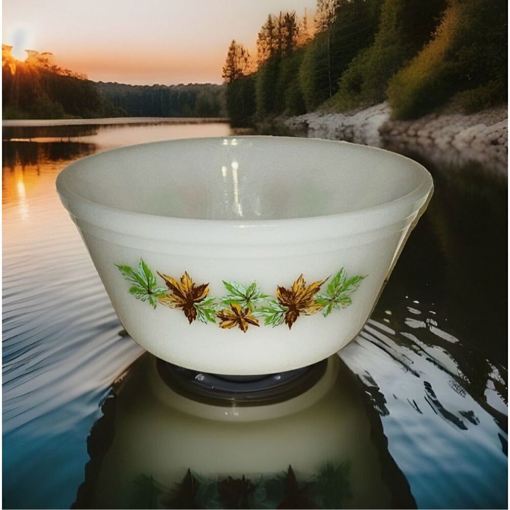 2 Vintage Autumn Leaf Federal Mixing Bowls, White Milk Glass Salem Maple Leaf